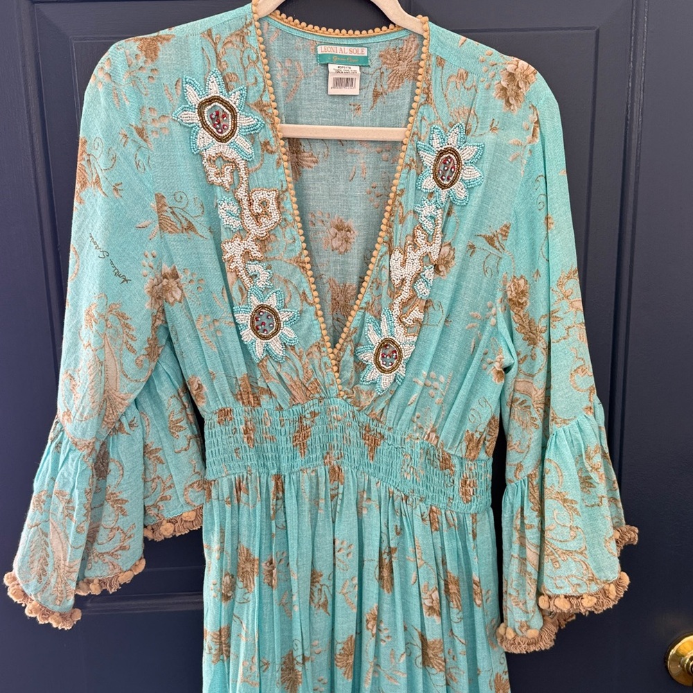 Bohemian Leoni Al Sole by Giacono Cirque Turquoise Beaded Maxi Dress w/ Pom Poms - Picture 14 of 14